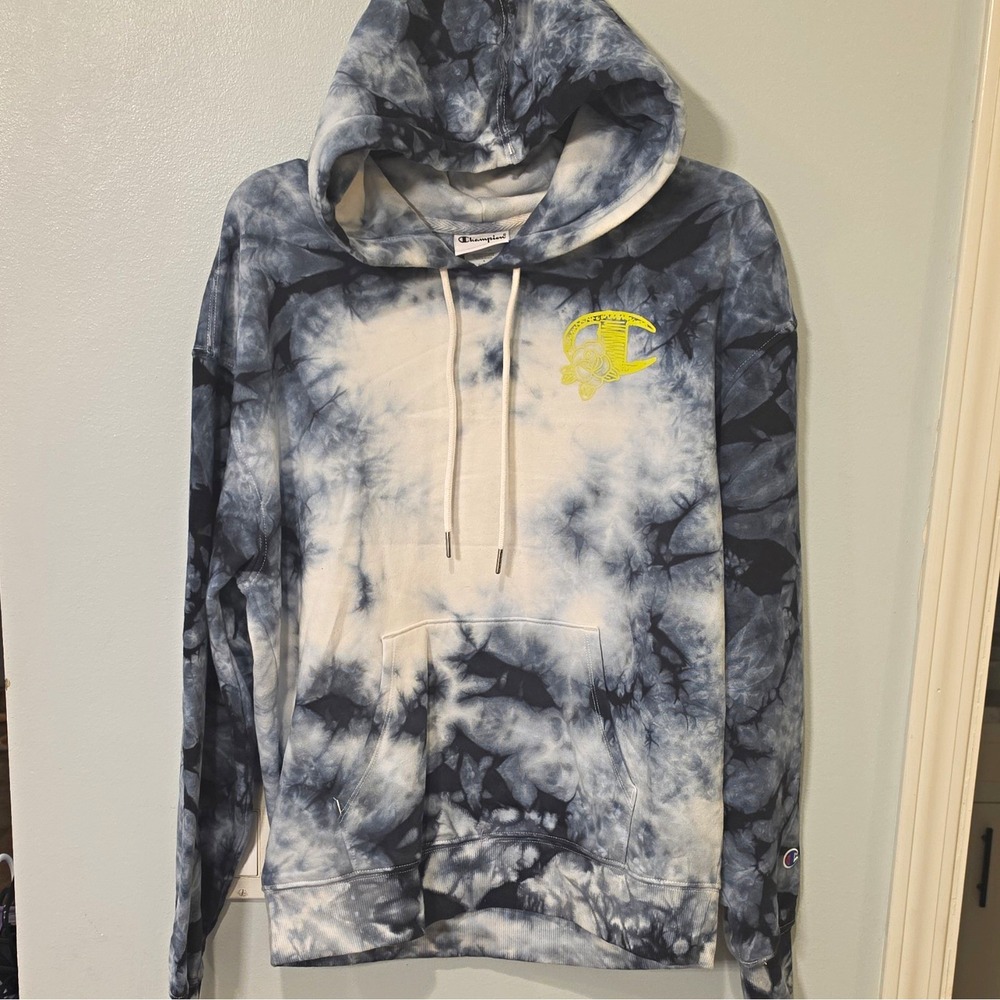 Champion Men's Blue/White Tie-Dye Fleece Pullover Hoodie Pockets Logo M #434